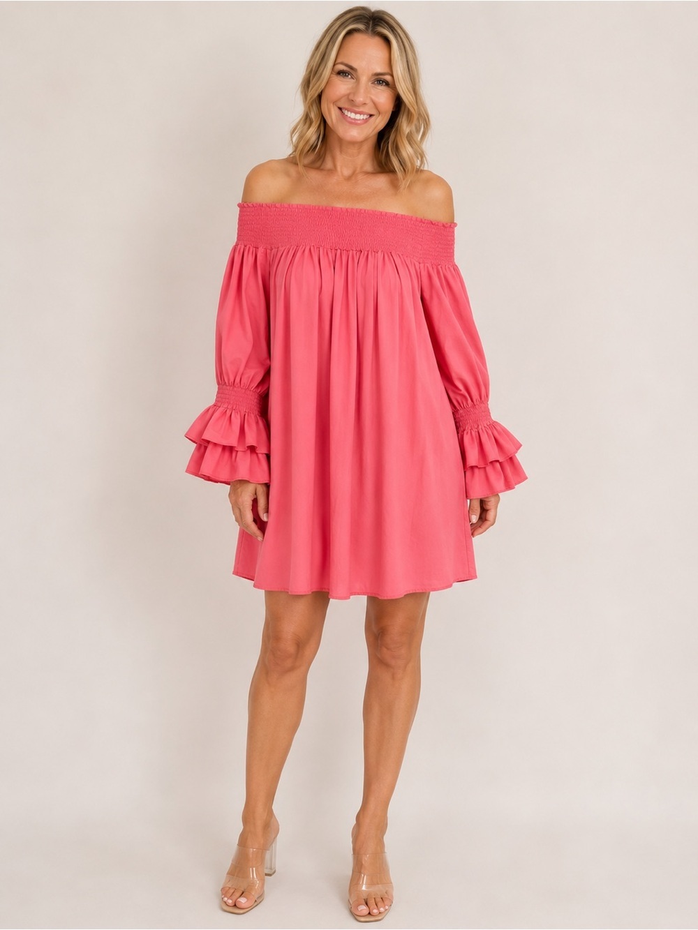 Pink Off Shoulder Peasant Mini Dress Smocked Ruffle Sleeve Boho Gracia Medium
